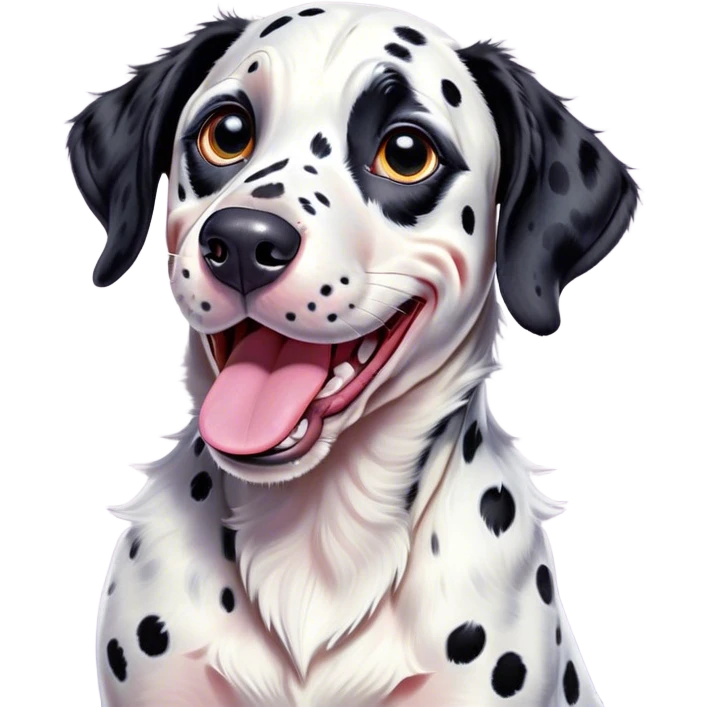 Cinematic Comical Spotted Dalmatian Portrait Emoji, Head tilted dramatically with an exaggeratedly shocked or amused expression, featuring a striking Fur of predominantly white with vivid black patches, wide, expressive eyes filled with playful disbelief, Simplified yet hilariously expressive features, highly detailed, glowing with a slightly sassy glow, high shine, dramatic yet playful, stylized with an air of cheeky charm, bright and endearing, soft glowing outline, capturing the essence of a spirited and over-the-top guardian, so meme-worthy it feels like it could side-eye its way into internet fame instantly! emoji