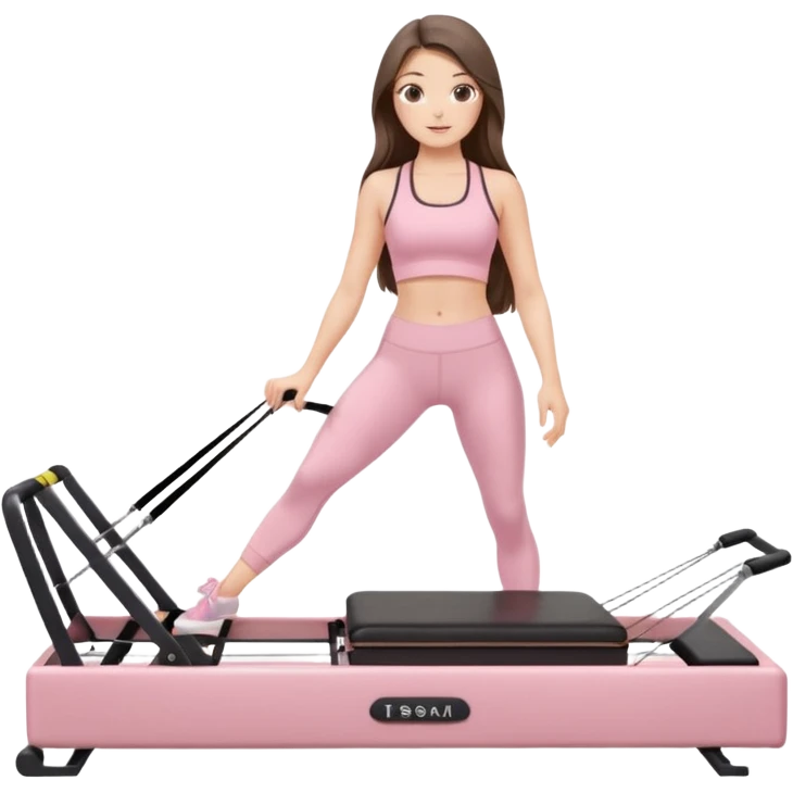 pretty white brunette teen long hair with hazel eyes and a small waist in light pink workout clothes on a pilates reformer emoji