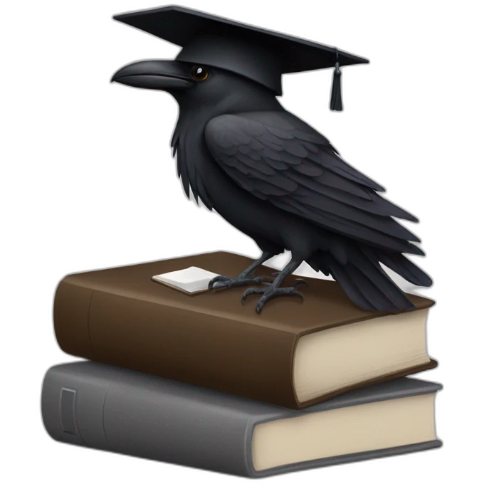raven in student cap with a stack of gray and brown books emoji