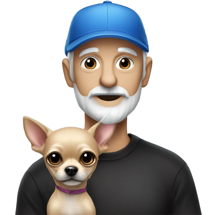 Old man with blue eyes goatee beard ball cap and holds cute black long fur Chihuahua emoji