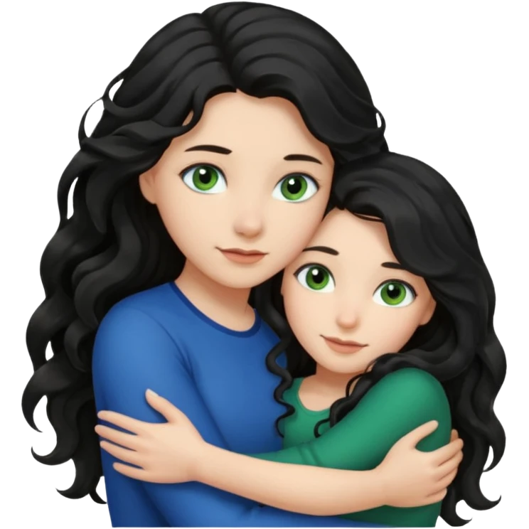 Компанія дівчат троє одна дівчина з чорним волоссям хвилястим довгим карими очима, друга з блондинистим довгим волоссям блакитними очима, третя з темним каштановим волоссям і зеленими очима, вони усі обіймаються emoji
