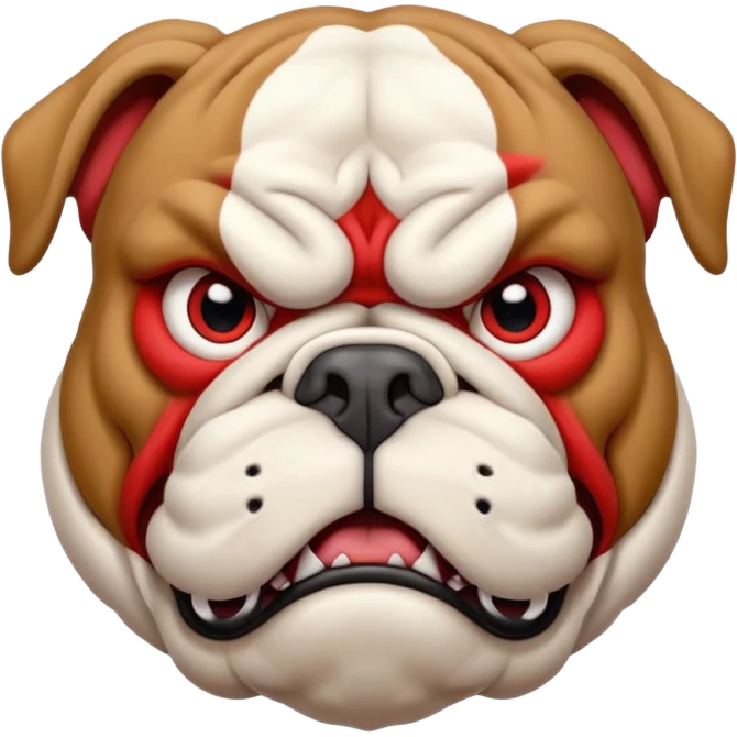 Create a fierce bulldog head emoji facing forward.
Strong jaw, deep wrinkles, and an intense scowl.
Small folded ears, sharp focused eyes, slight underbite with two visible fangs.
Style: modern esport mascot — clean lines, high contrast, intimidating but iconic.
Transparent background. emoji