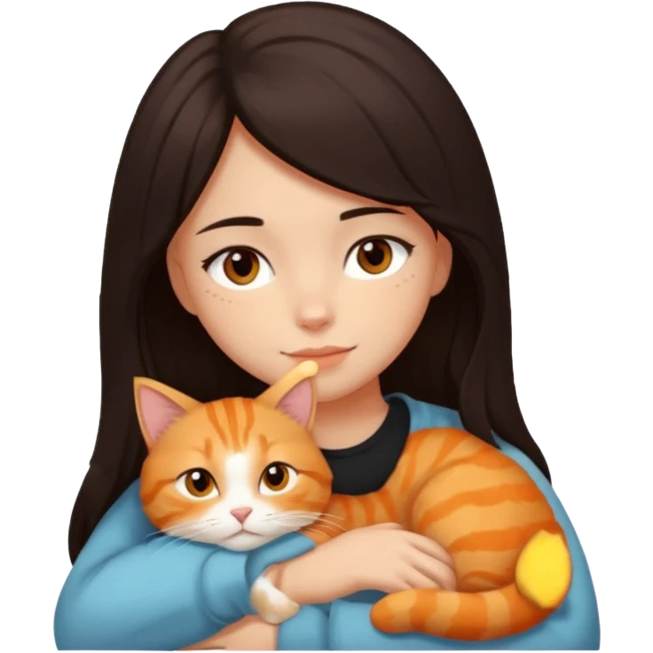 dark-black-brown-hair-to-shoulder girl with brown eyes snuggled with orange tabby cat emoji