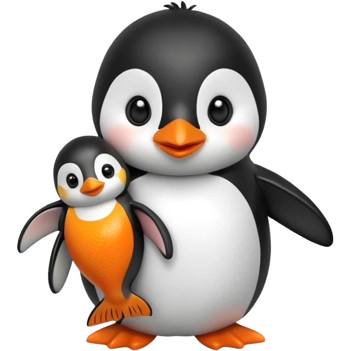 A cute penguin doll holding an orange fish doll in its hands.
A house of ice behind it. emoji