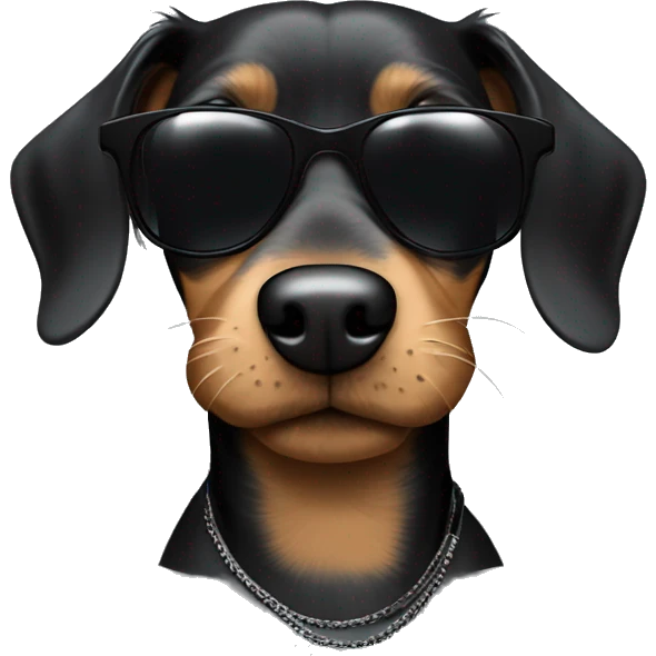 A rapper dog with all black and cool sunglasses. The dog is a miniature wired haired dachshund emoji