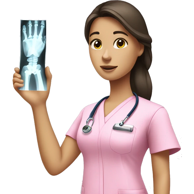 Brunette girl in pink scrubs looking at an arm X-ray  emoji