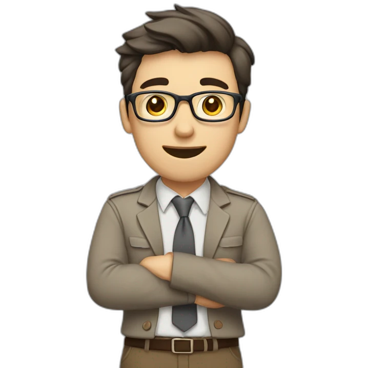 To belt Actively gesturing with hands 👌 Pale skinned fit man with dark brown hair in gray jacket, beige office shirt, brown tie, brown pants and vintage glasses. emoji