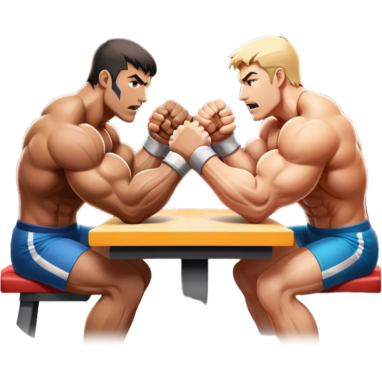 Two strong competitors locked in an intense arm wrestling match, muscles tensed as they battle for victory. The table is well-lit, showcasing their focused expressions and powerful arm grips. The background features a competitive arena with a cheering crowd. Transparent background. emoji