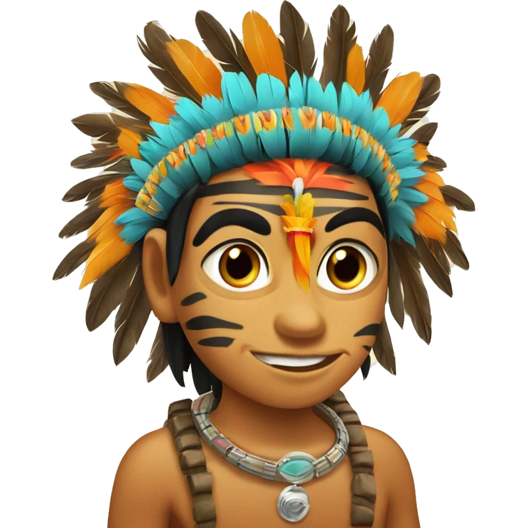 Chamán indígena con corona de plumas de guacamayo y collares de colmillos de tigre emoji