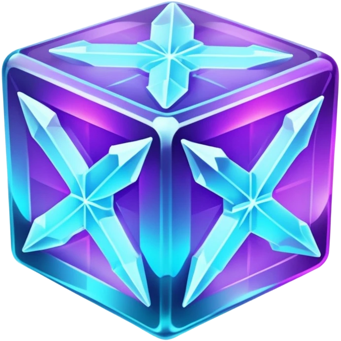 glowing ice crystal cube, icy neon cyan highlights, purple neon accents. emoji