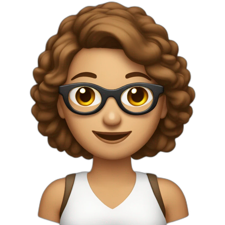 mujer feliz con piel blanca con gafas cabello en el hombro y de color marron con un computador en la mano emoji