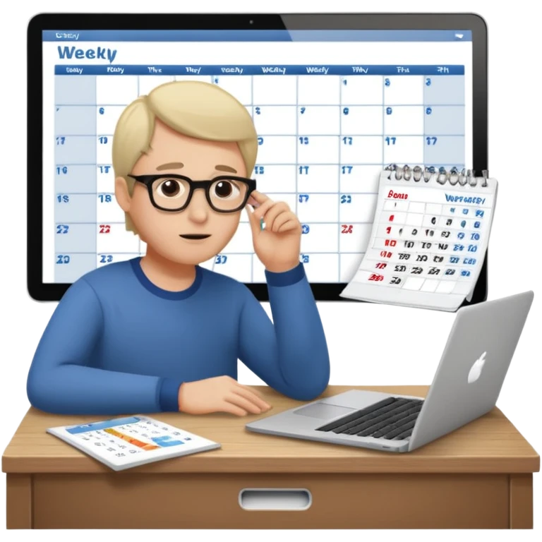weekly calendar next to group of person working with unadjusting it with laptop emoji