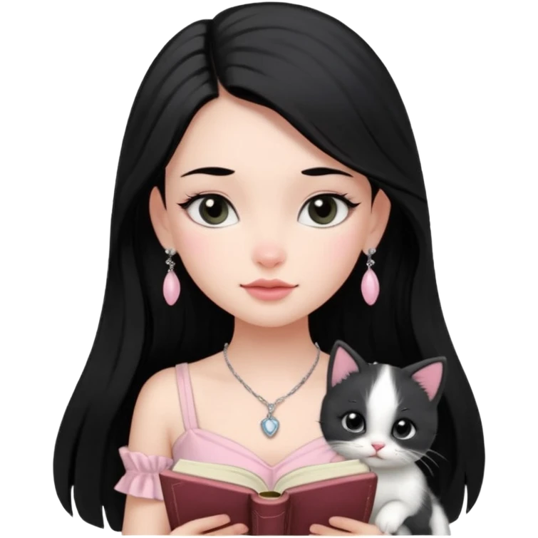 Menina branca ,cabelos cor preta longos, olhos cor preta puxados para cima. Cílios longos, lábios grossos ,nariz pequeno ,vestido rosa claro de alça. Colar e brinco delicado. Lendo um livro com gatinho preto e branco. emoji
