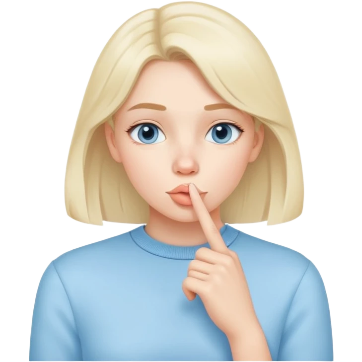 girl wearing pastel blue clothes with finger on lips making a quiet shh gesture emoji