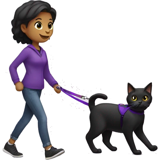 Black cat with a purple leash going for a walk with a dark hair female  emoji