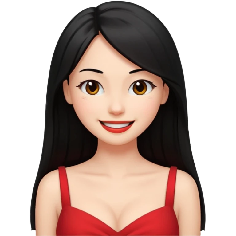 Chica joven pelo sémi largo color negro lacio delgada con con pechos grandes vestido rojo con sonrisa amigable y guiñando el ojo emoji