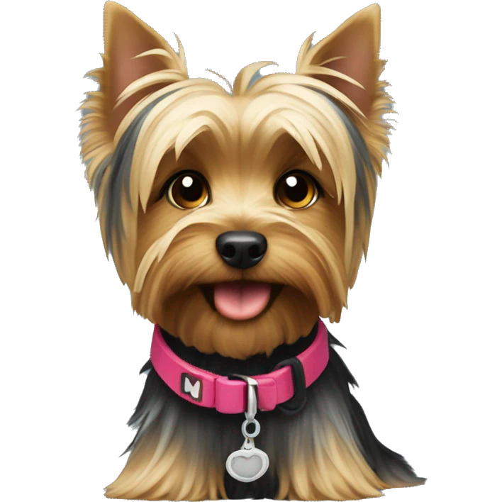 Yorkshire terrier with a collar that says NM emoji