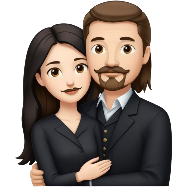 tall white man with brown hair goatee mustache hugging a pale woman with long black hair, wearing elegant clothing emoji