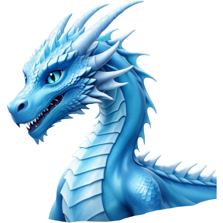Cinematic Noble very elegant slender Ice Dragon Portrait Emoji, Poised and imposing, distinct long elegant snout, with a slender, scaled body shimmering in glacial hues of icy blue, frostbitten silver, and crystalline white, breathing out frost, with piercing, glowing ice blue white eyes that radiate the chilling depths of an arctic storm; rendered in detail. excuding wisdom emoji