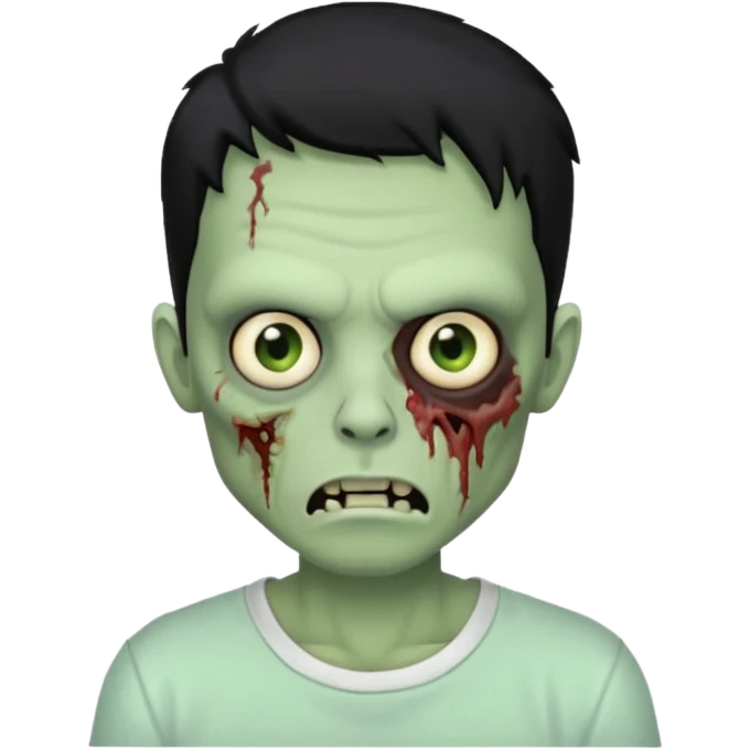 Rosto de frente classico de zombie boca meio torta cabelos pretos no corte low fade com pele verde clara camiseta branca emoji