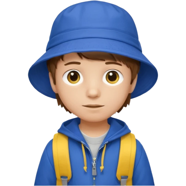 Little student, brown hair boy, wears blue bucket hat and jacket, yellow backpack, shy emoji
