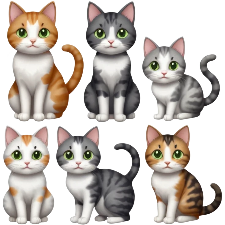 6 different coloured small cats including a dark grey and white, and a patchy calico, and a brown tabby and white,  and a completely solid dark grey with green eyes and only white paws emoji