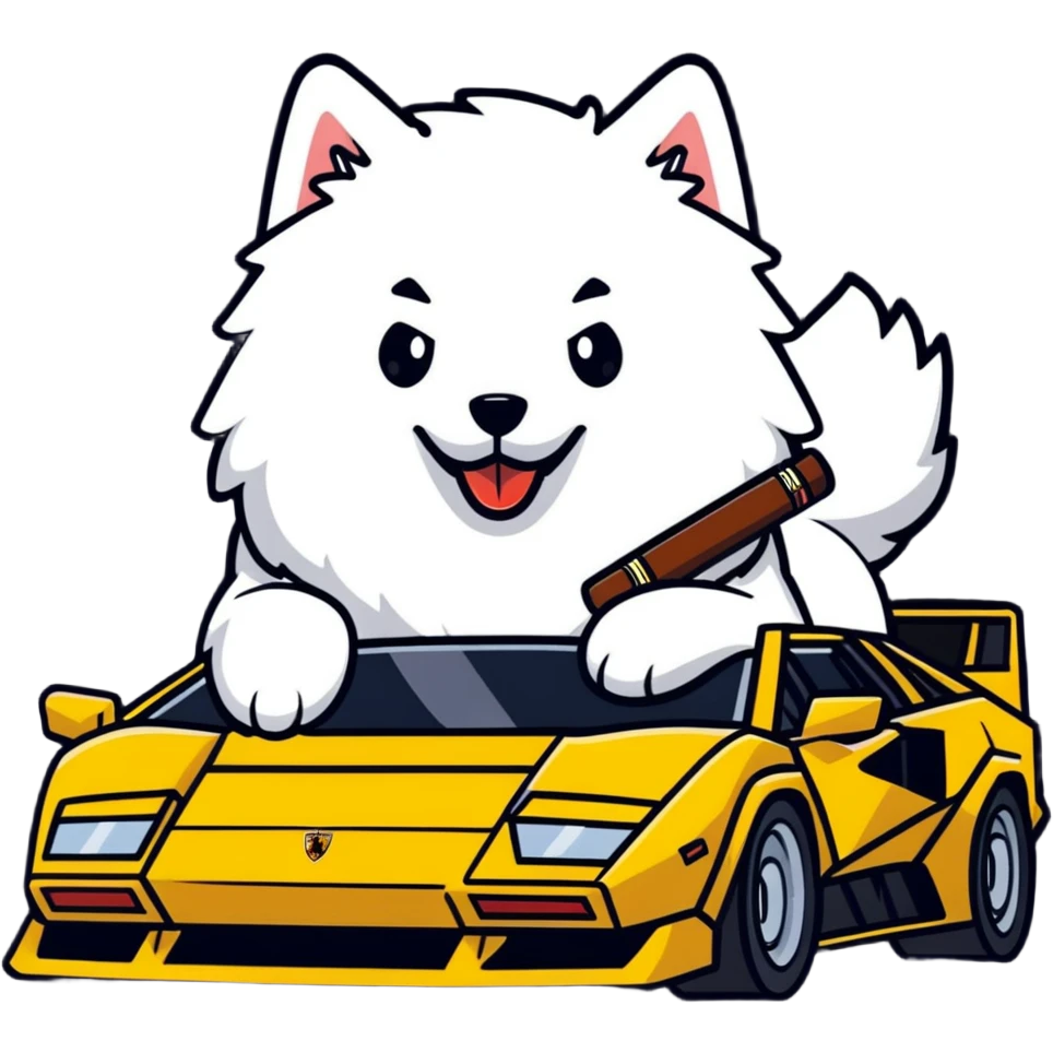 Fluffy samoyed dog driving a Lamborghini countach smoking a cigar emoji