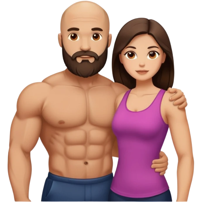 Muscular Bald man with a beard loving his young beautiful brunette wife  emoji