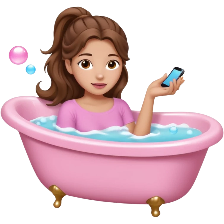 girl with wavy long ponytail brown hair, brown eyes, light to medium complexion, long lashes, light pink lipstick, wearing light pink shirt, lying full body in a white bathtub with bubbles emoji