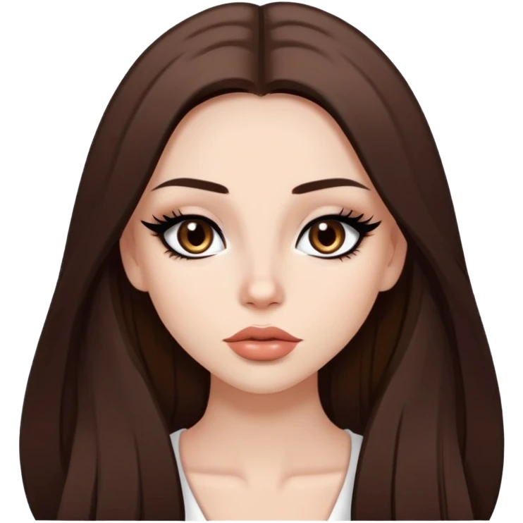 pretty baddie, brown straight hair, cute lips, pale skin, long hair, dark brown eyes, bold black eyeliner emoji