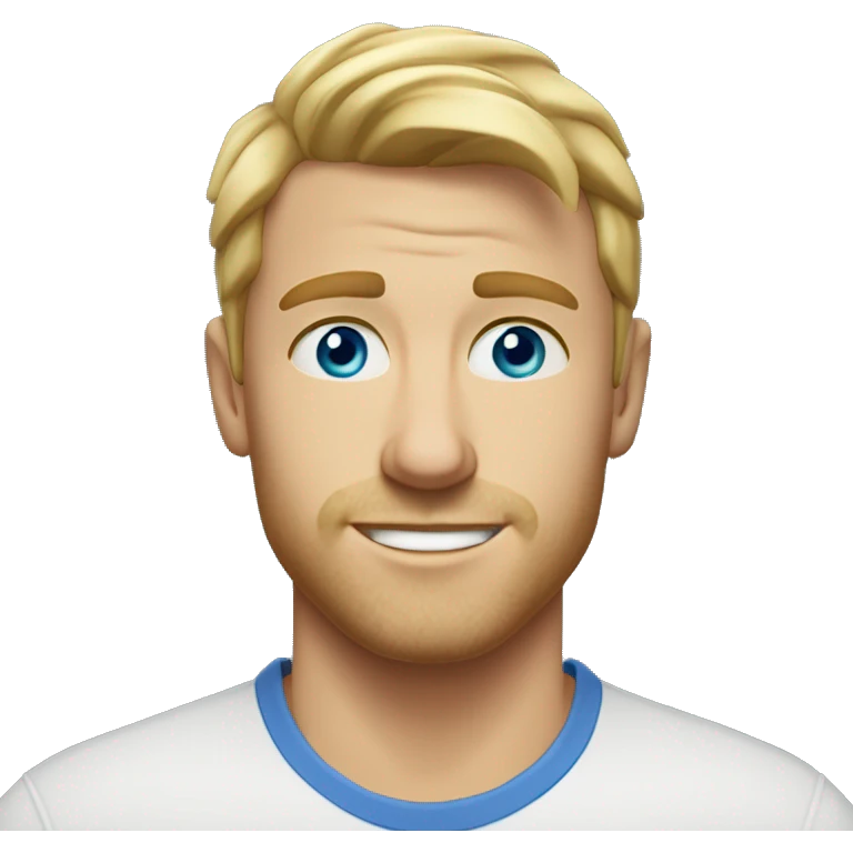 A head and shoulders shot of a 33 year old White man, with short blonde hair,   with blue eyes wearing a t-shirt. emoji