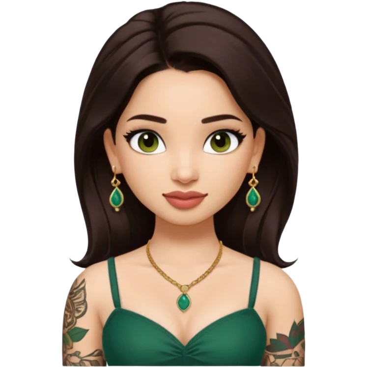 pretty bratz genmoji that looks like tamannah bhatia (bollywood actress), wearing a dark green sweetheart neckline top, dark brown hair, light makeup, no necklace, dangly earrings, side hair part, dark brown eyes, with full tattoos and neck tattoo big emoji