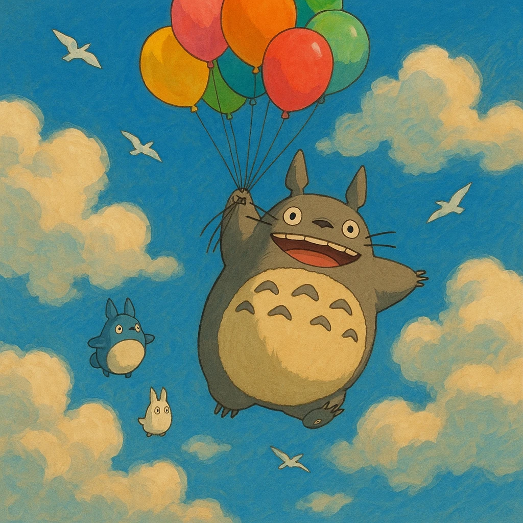 Totoro floating high in the sky, joyfully holding onto a bunch of colorful balloons, with small Totoros trailing behind him and fluffy clouds parting around them as birds fly nearby. emoji