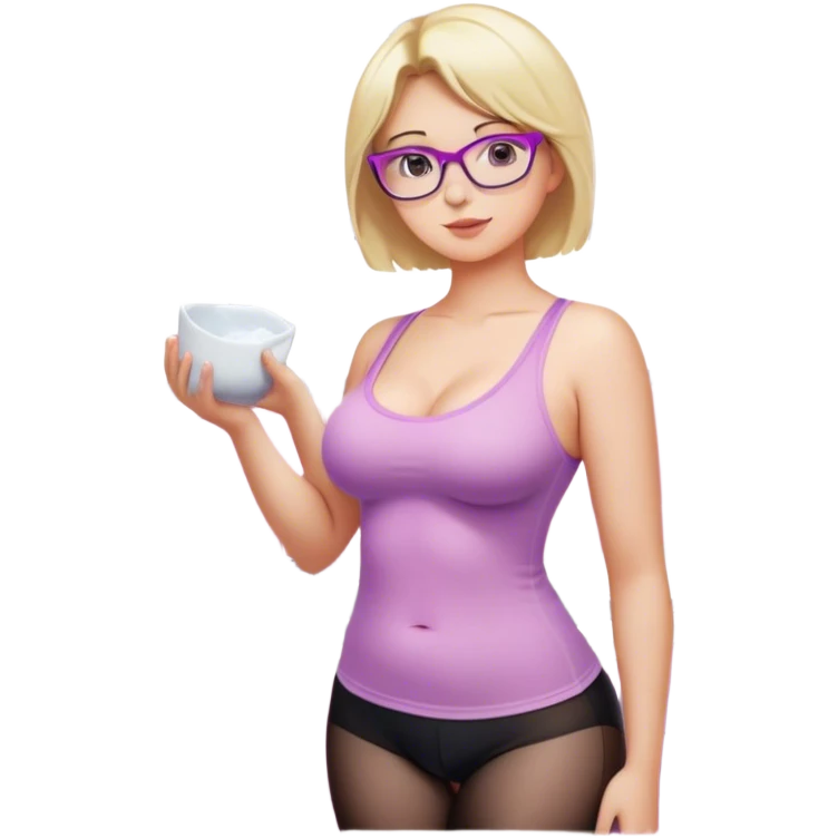 Seductive, Curvy fair skinned woman, short blond hair, small light purple reading glasses, washing dishes, SFW sheer pink tank top, without undergarments showing natural breast shape SFW, black yoga pants, thick booty emoji