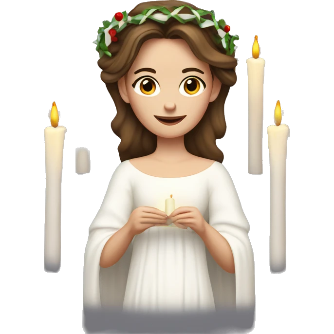 brown haired white women with white gown and advent wreath with long candles on the head emoji