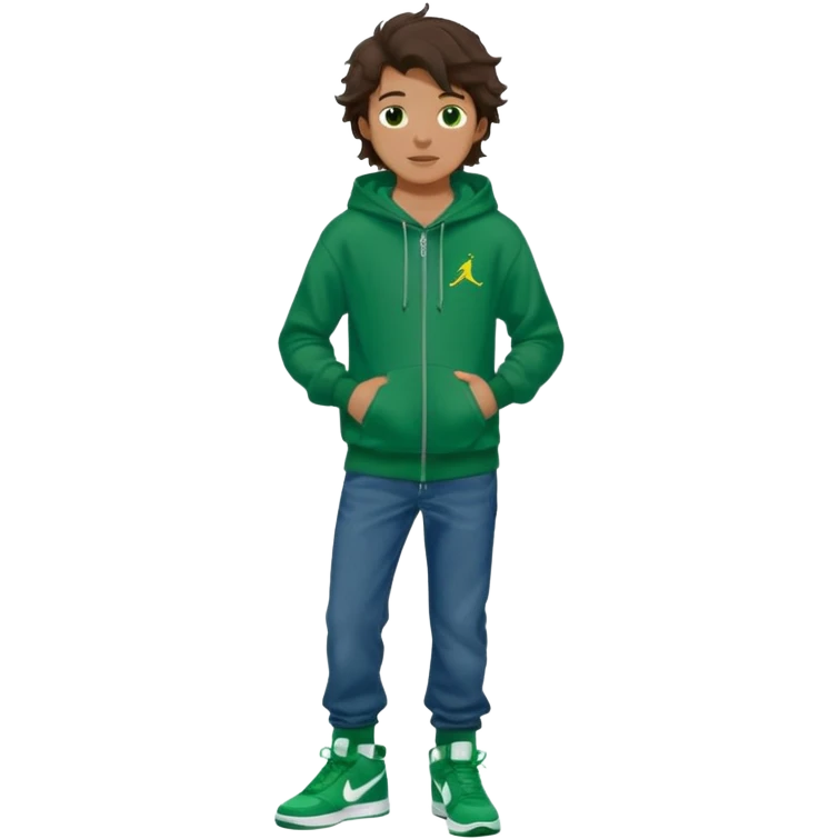 a 14 year old slightly tanned teenage boy with dark brown tousled wavy hair, dark brown eyes wearing a green tshirt, a dark green hoodie, blue jeans and green nike air jordans emoji
