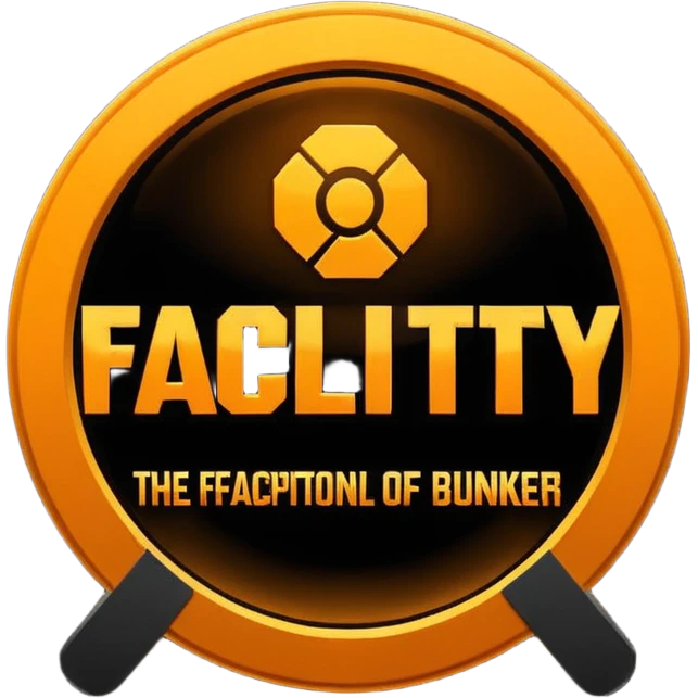 glowing amber industrial emblem above bold text reading “THE FACILITY”, dark background, clean typography, sci-fi bunker aesthetic, high contrast, emoji