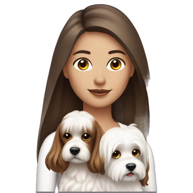 beautiful woman, straight long medium brown hair, big boobs, brown eyes With white Maltese dog emoji