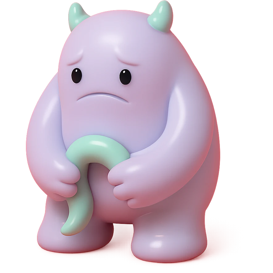 small monster with drooping shoulders, holding its own tail, gentle lighting, subtle colors, toy-like vinyl figure style emoji