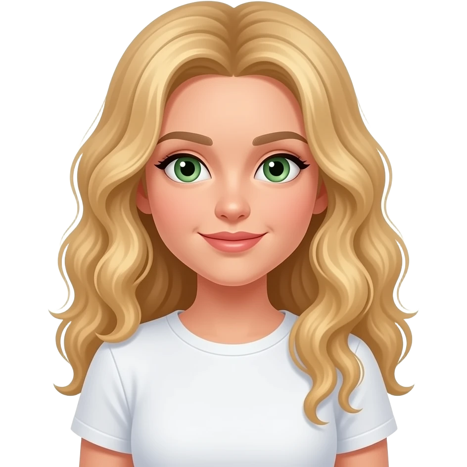 long blonde curl hair green eyes wearing white T-shirt, neckless emoji