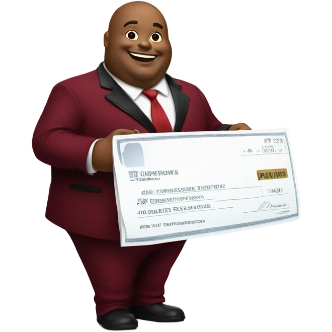 fat guy in dark red velvet suit holding cheque emoji