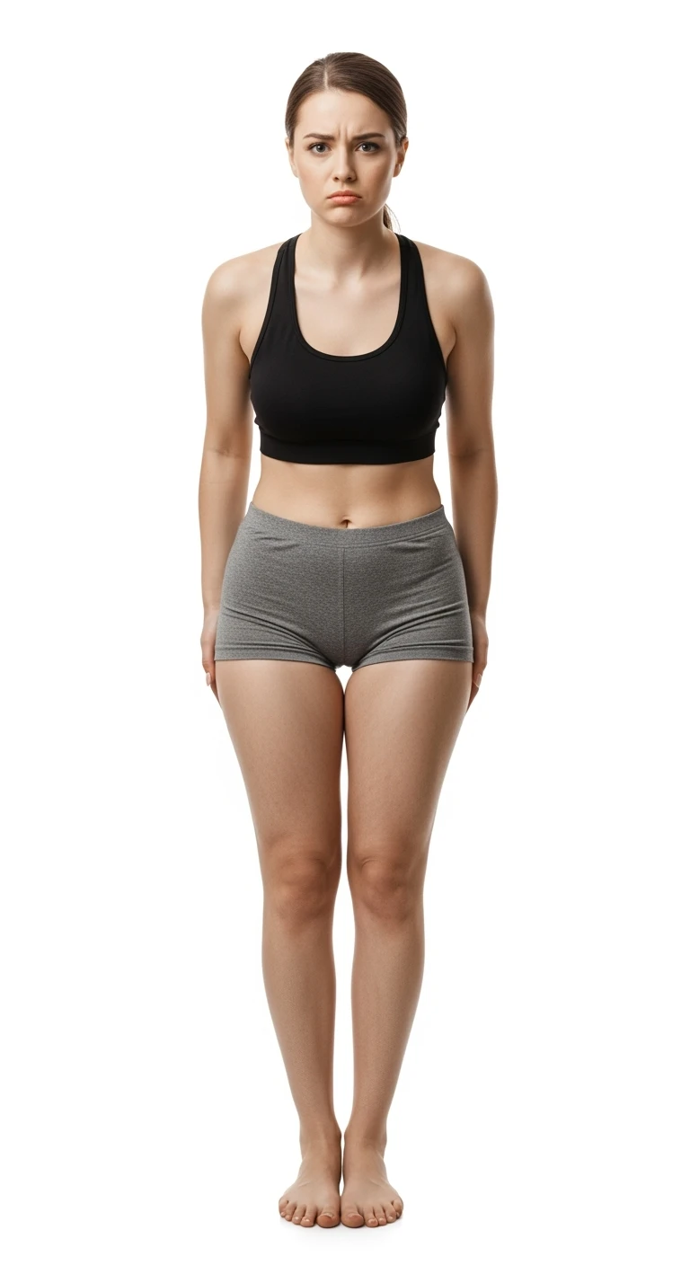 donna giovane con cellulite buchi di cellulite e ritenzione in gym short leggermente piegata in avanti, con espressione dispiaciuta in volto isolata su sfondo bianco emoji