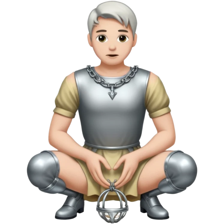 Submissive man on knees wearing female clothes and chastity emoji