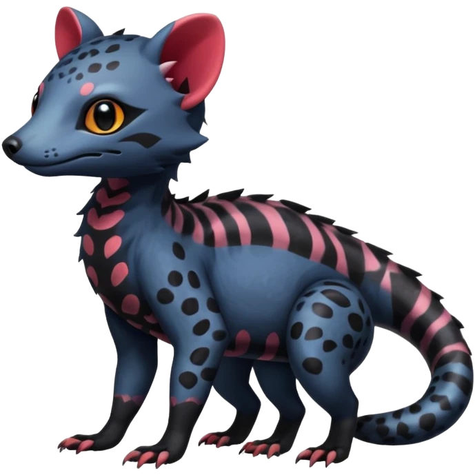 Rare warm-colored exotic cute epic aesthetic colorful Salandit-Civet-species-Fakemon-hybrid-creature, with markings, full body emoji