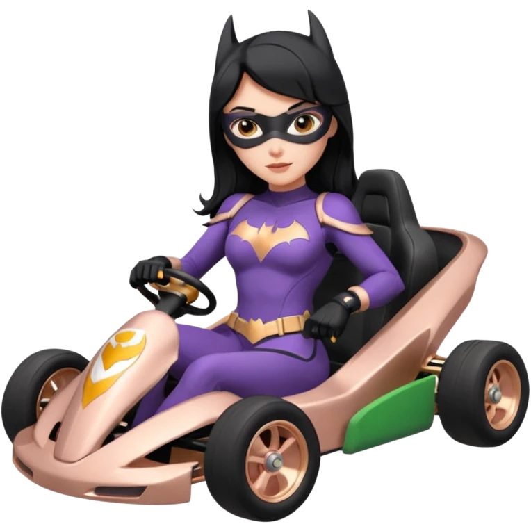 full size real-appearance electric road racing sexy BatGirl’s feminine midnight-colored tight outfit sixty’s tv show dark stealthy accurate sporty safe plush deluxe off-road pursuit cruiser car rose gold accents (black hair,reclined and relaxed torso and shoulders seating position) go kart  emoji