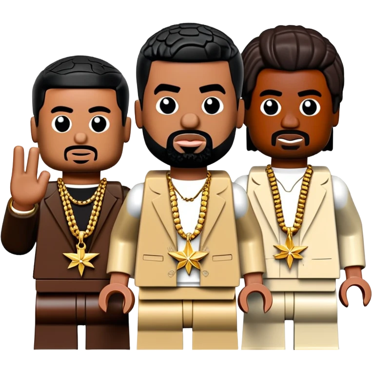 Lego men are rappers with substances to resemble stars, like Drake, Travis scott, playboi carti, Kanye West emoji
