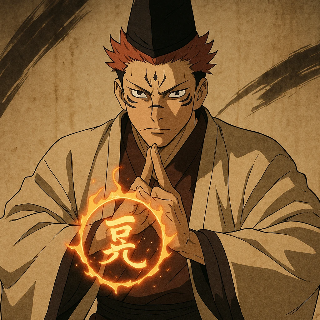 Ryomen Sukuna from the Heian era, serious expression, not smiling, using Ryoi Kenkai technique, traditional Japanese attire, anime style emoji