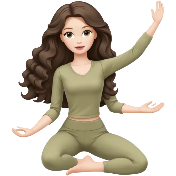 A white Barbie girl with long dark brown wave hair in a pale olive clothes doing stretching  emoji