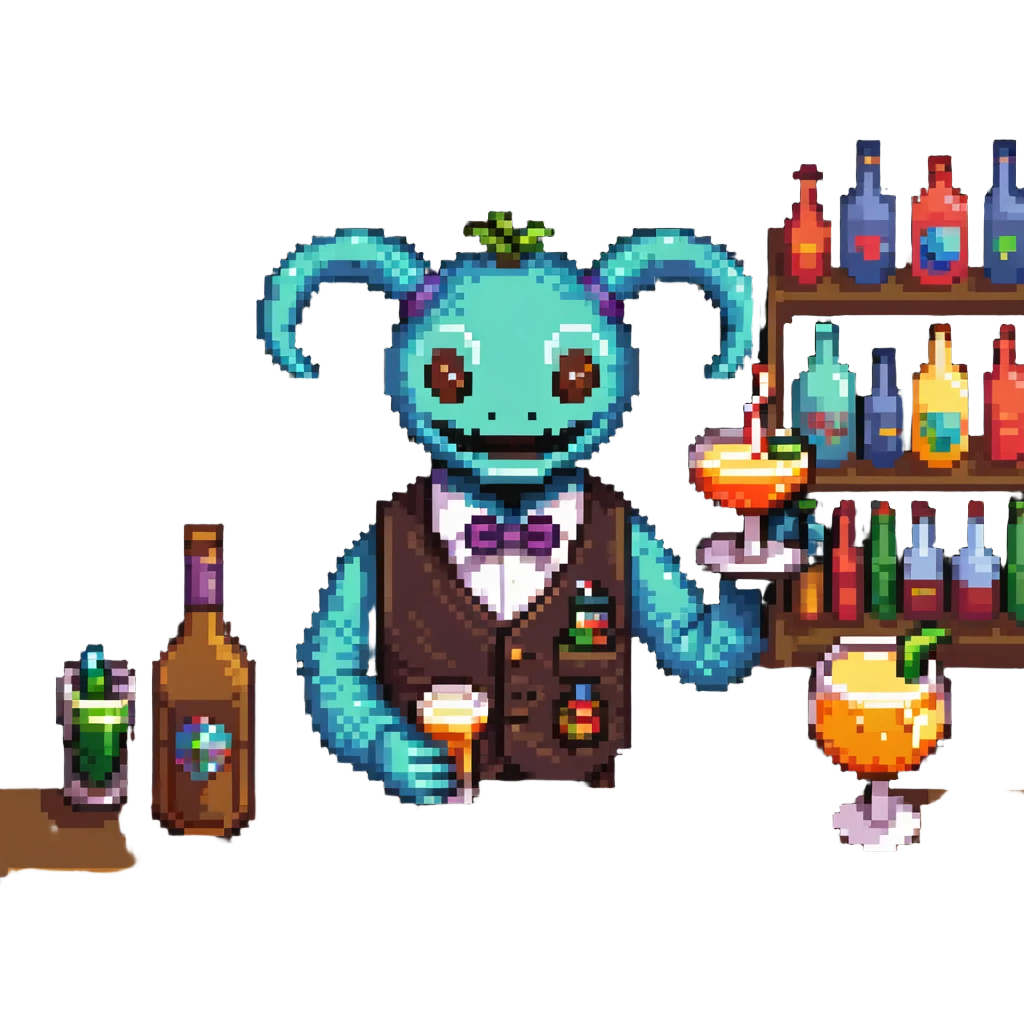 Tipsy bartender mimic creature serving drinks emoji