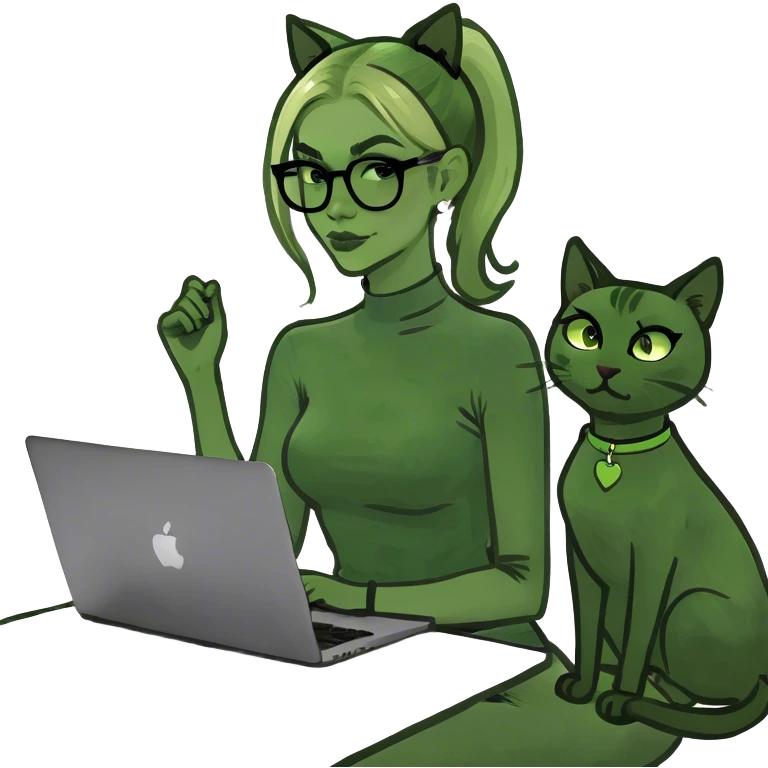 Blonde woman ponytail  with cat and MacBook  emoji